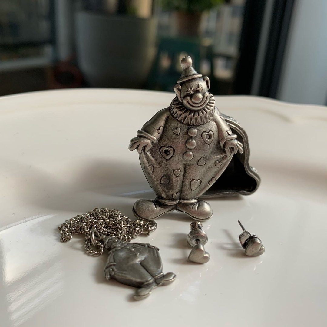 早期收藏-微型锡制 小丑 饰品盒套组 含饰品盒、耳环、坠子项链 - 其他 - 其他金属 