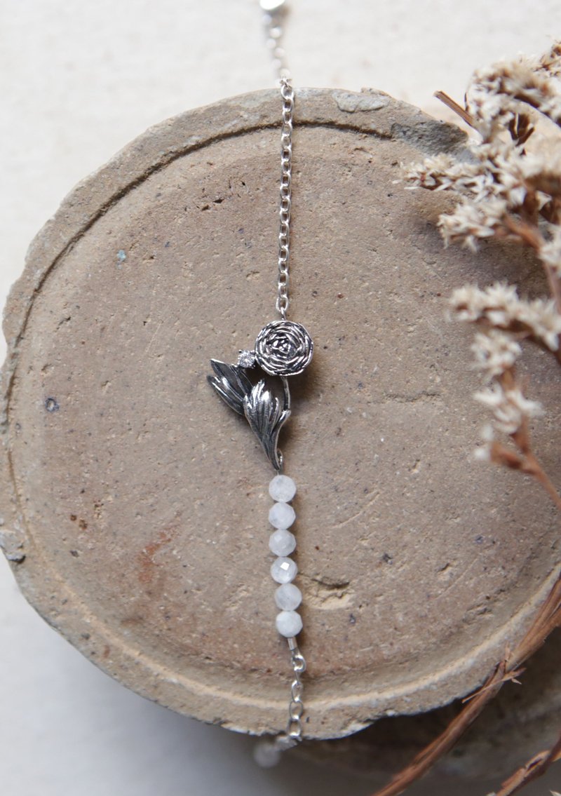 纯银陆莲白月光石 锆石 手链 - 手链/手环 - 纯银 银色