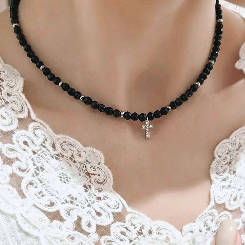 天然黑尖晶十字架镶钻串珠锁骨链/颈链/项链/信仰/原创设计 - 项链 - 水晶 