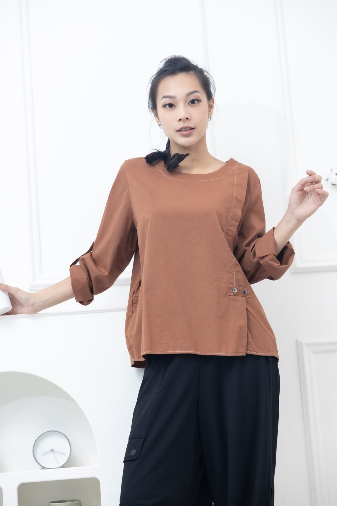 袖子钮扣长袖上衣 红棕色 - 女装上衣 - 其他材质 红色