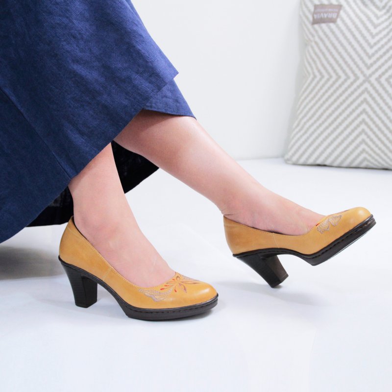 刺绣气垫高跟鞋- 相凤有时/藤黄 (出清品) - 高跟鞋 - 真皮 