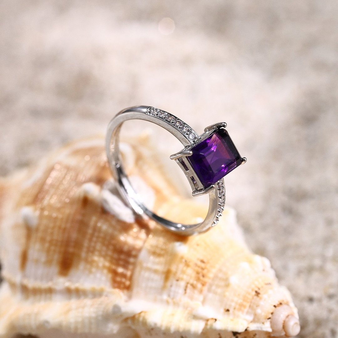 天然紫水晶银色简约戒指 6×8mm 1.71ct 可调节 2月诞生石CB032 - 戒指 - 水晶 紫色