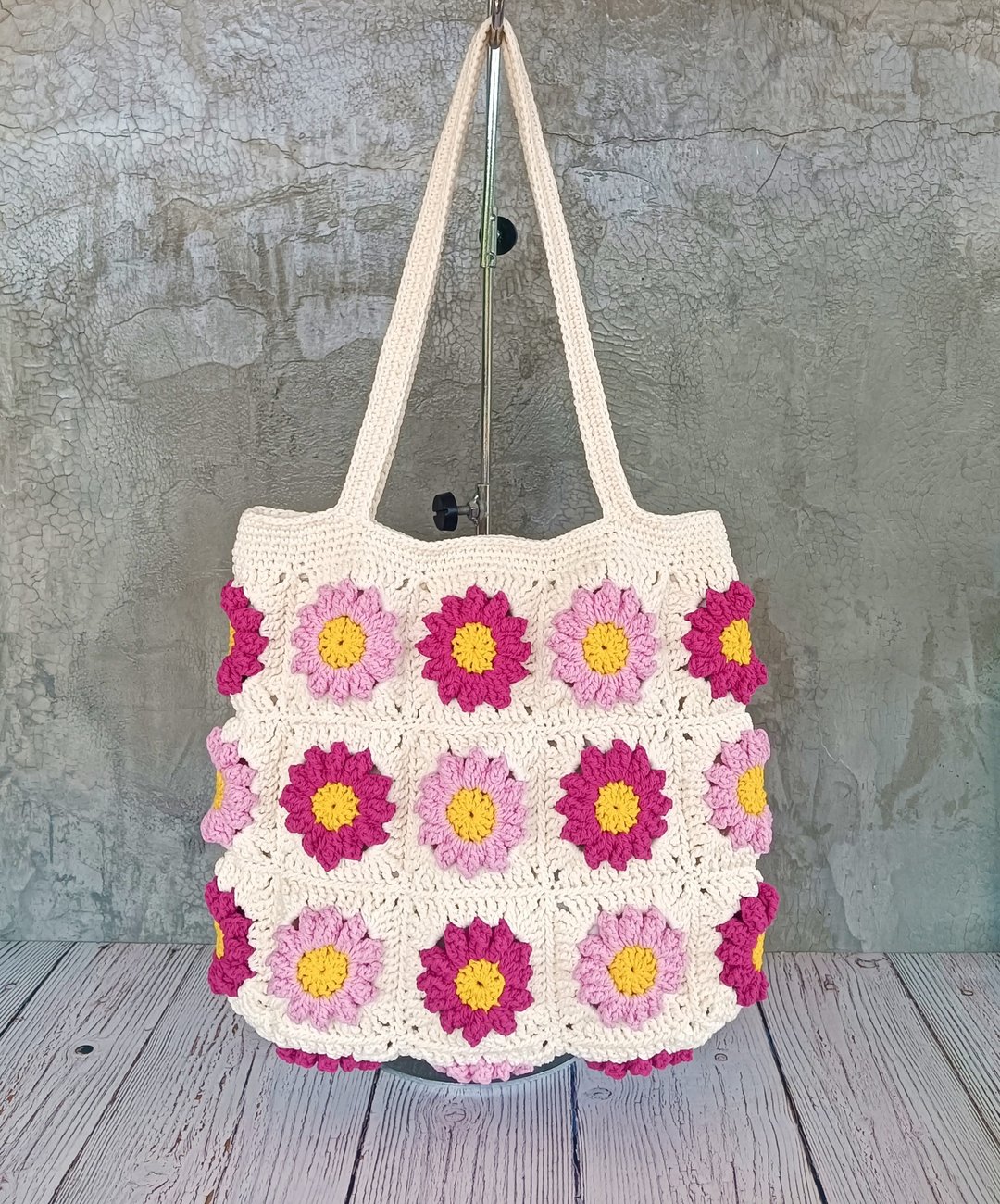 染色棉绳编织包 Granny Square 花朵造型 - 手提包/手提袋 - 棉 