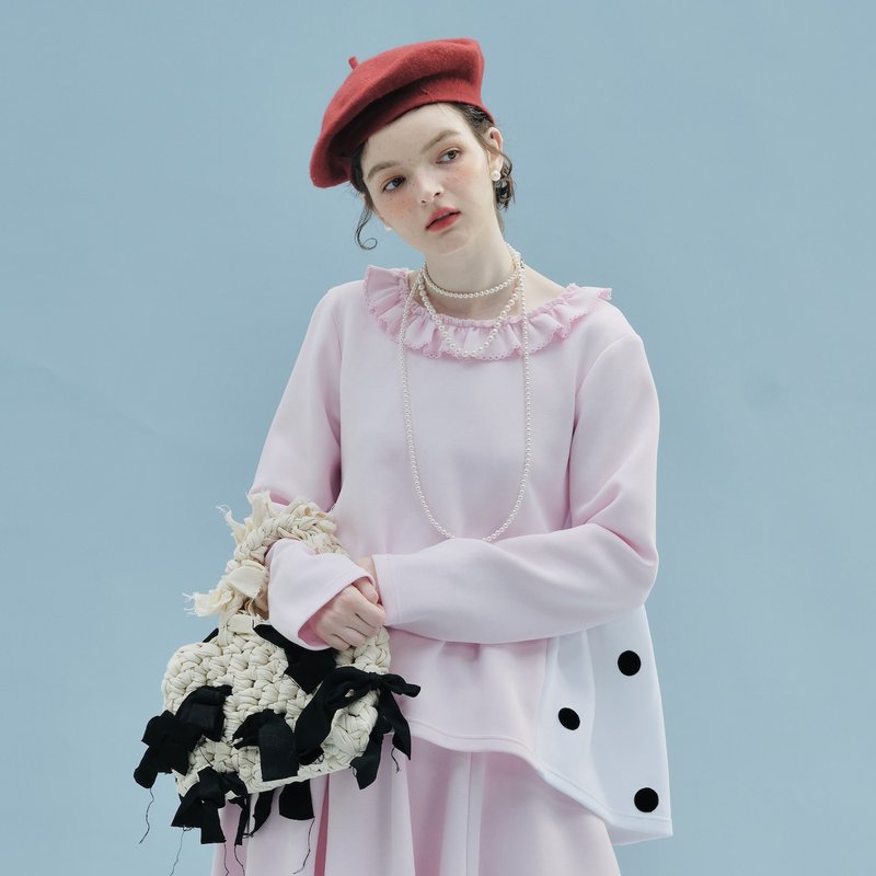 粉红双面拼接花领长袖上衣 / 空气棉 - 女装上衣 - 棉．麻 粉红色