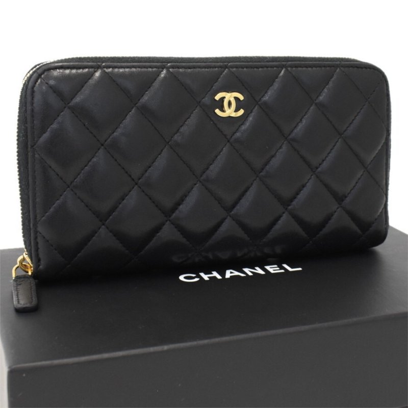 绝版古董包 Chanel黑色金扣小羊皮长夹 长钱包 皮夹 皮革包 中古 - 皮夹/钱包 - 真皮 黑色