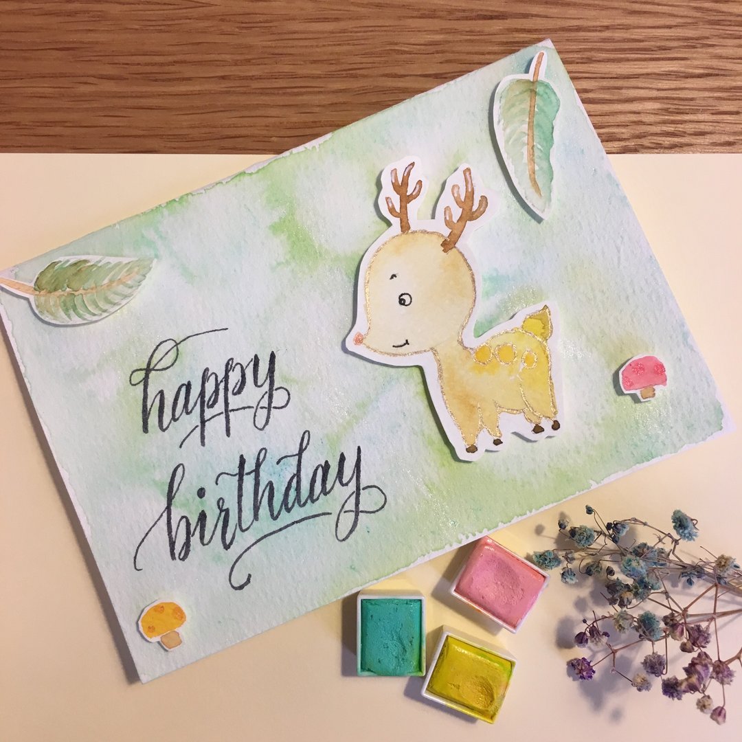 自家制手绘生日卡 / 生日专用 - 水彩小鹿 与 菇 - 立体效果 - 卡片/明信片 - 纸 