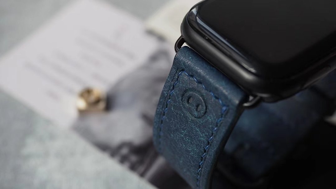 纯手工苹果AppleWatch/iWatch牛皮表带 磨砂牛仔蓝 定制化刻字礼 - 表带 - 真皮 蓝色