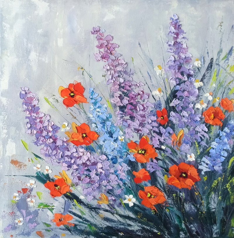 花卉原创油画，油彩画布，50x50cm，矢车菊和罂粟花艺术品 - 海报/装饰画/版画 - 其他材质 