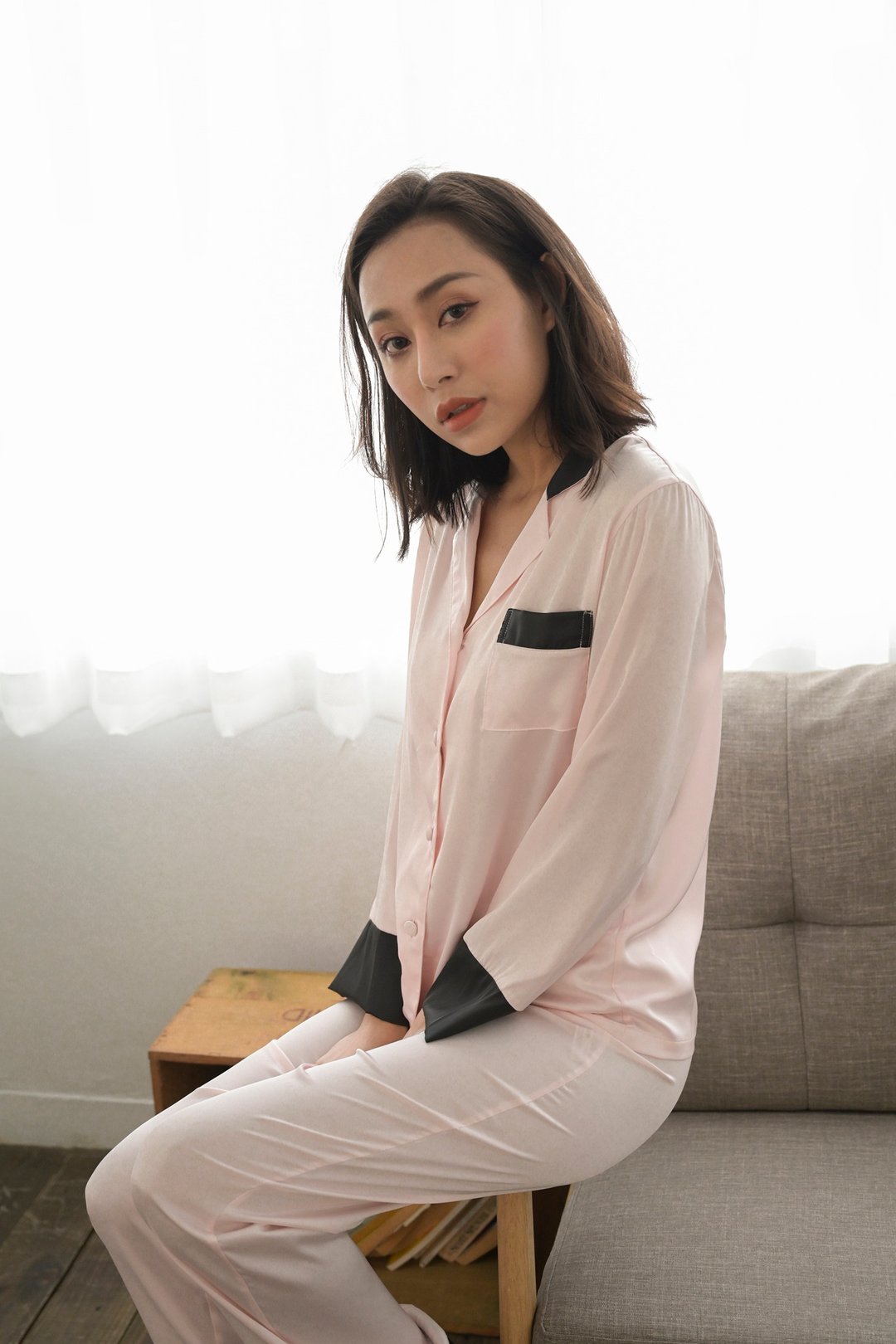 撞色设计款衬衫睡衣上衣 - 居家服/睡衣 - 聚酯纤维 粉红色