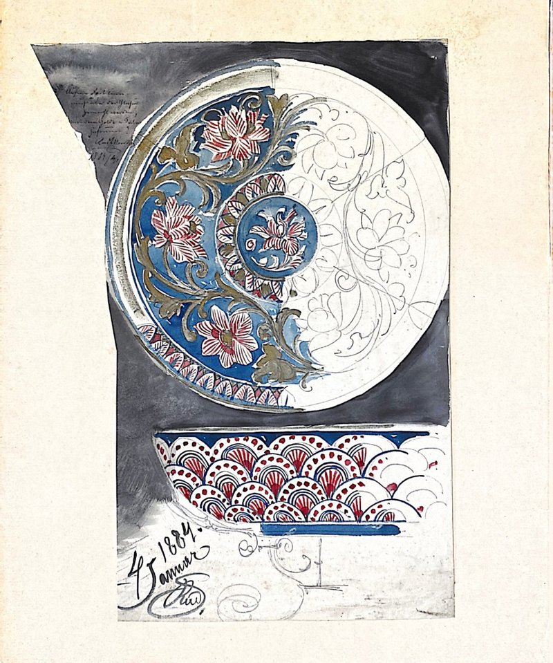 19th century德国瓷器设计手稿 - 1884 Vintage Draft - 古董 - 海报/装饰画/版画 - 纸 咖啡色