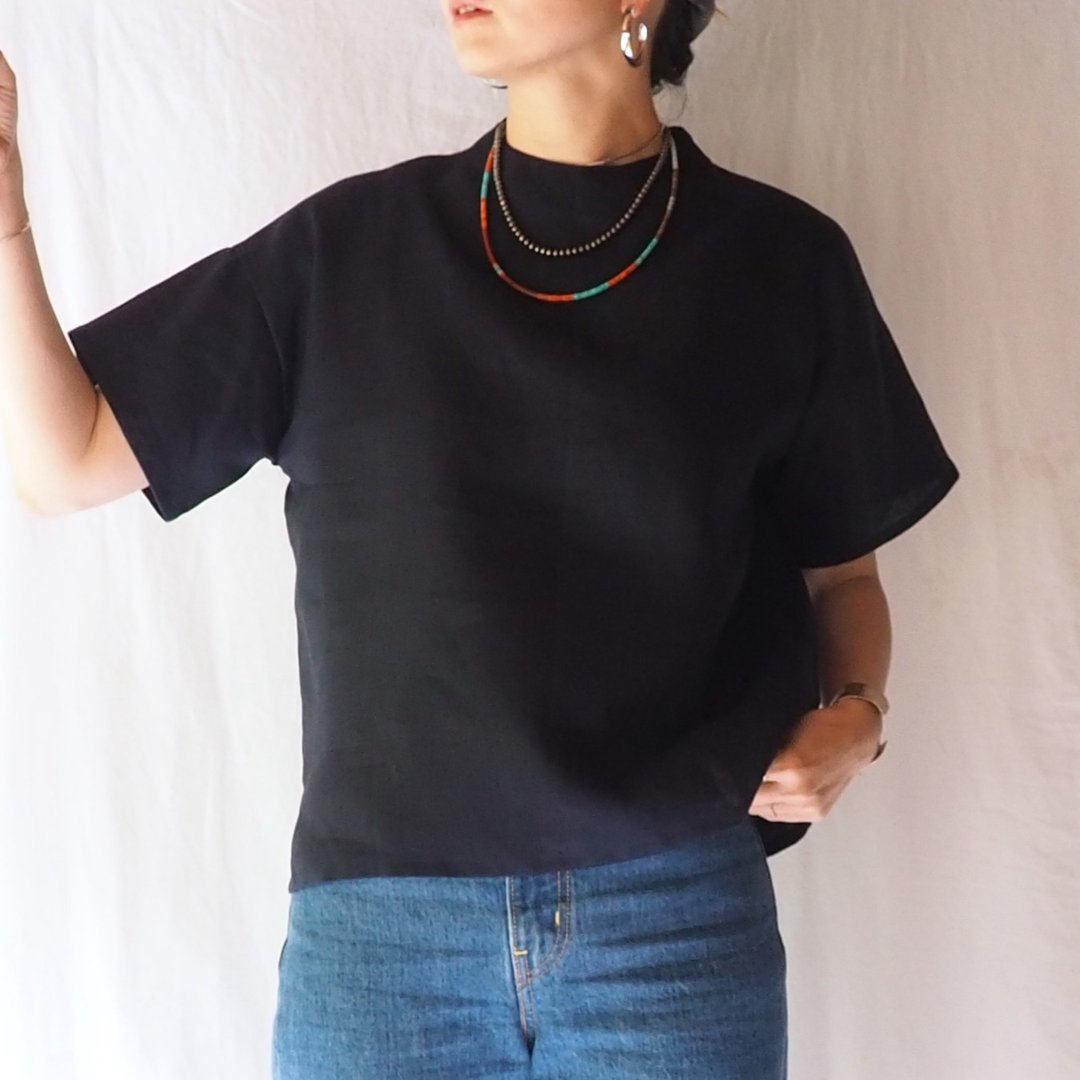 Navy Linen T-shirt blouse - 女装衬衫 - 棉 黑色