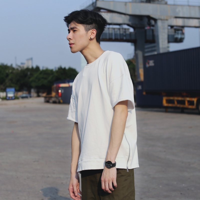 2019新款复古螺纹拼接拉链开衩白色宽松针织短袖T恤男女可穿 - 男装上衣/T 恤 - 棉．麻 白色