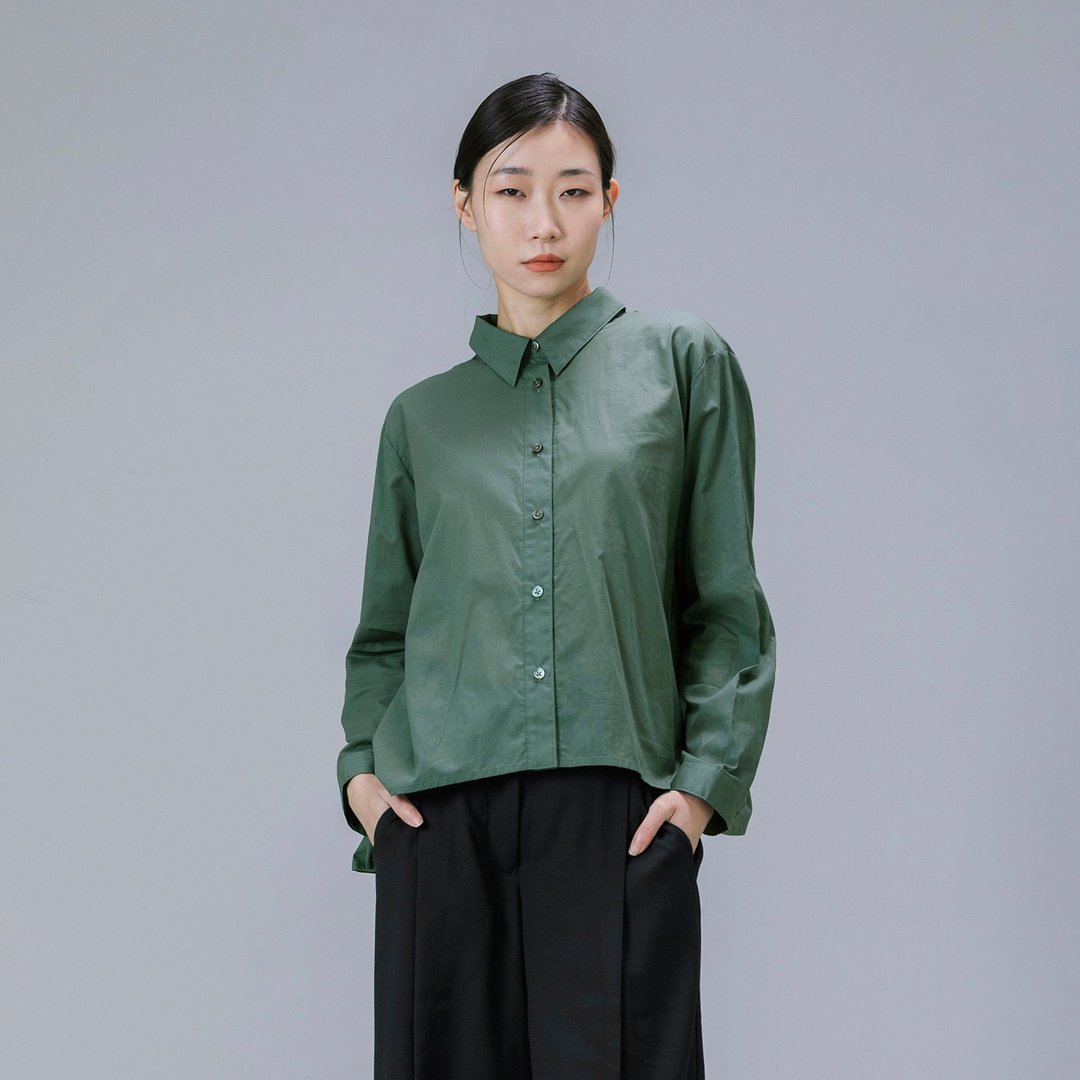 前后扣落片衬衫 - 女装衬衫 - 棉 绿色