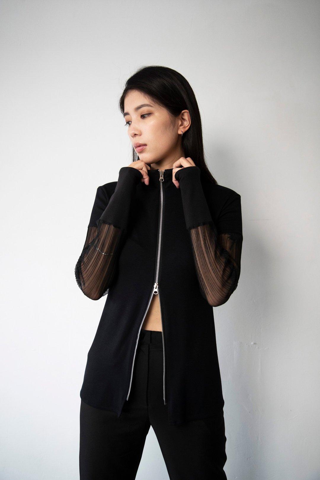双开透肤拼接长袖 - 女装上衣 - 其他人造纤维 黑色