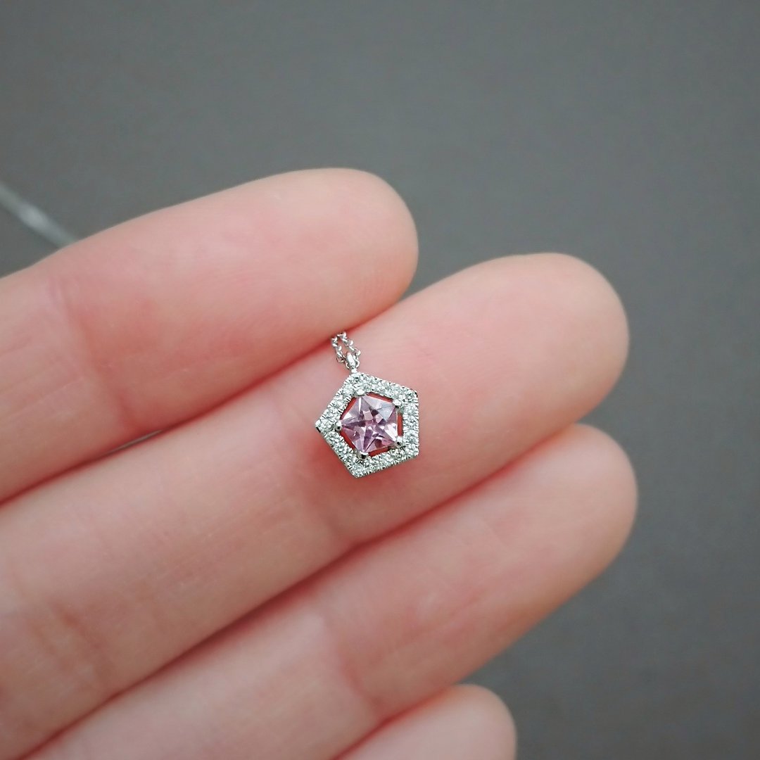 天然粉红尖晶石 镶钻 五角星形切割 纯 18K 白金项链 定制 - 项链 - 宝石 粉红色