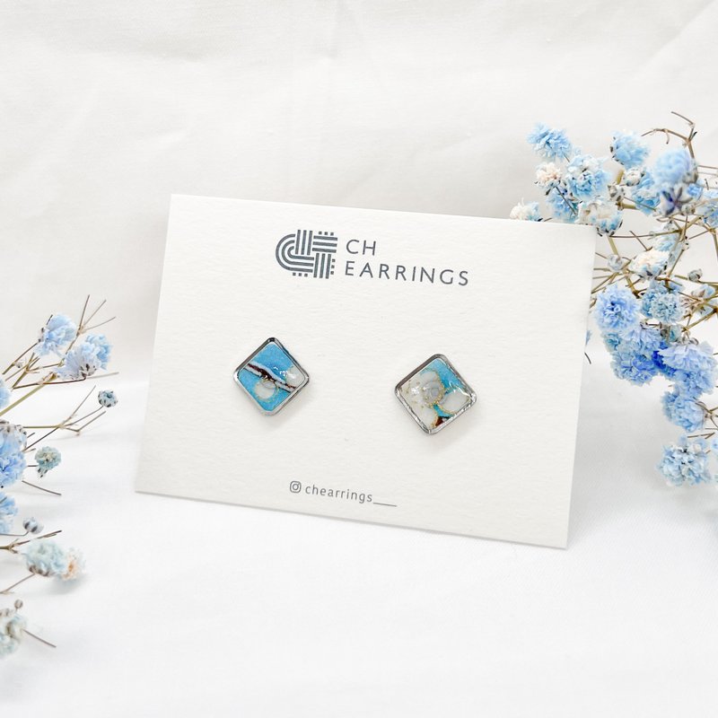 Chearrings | 日本和纸 树脂 方形耳钉 - 耳环/耳夹 - 纸 蓝色