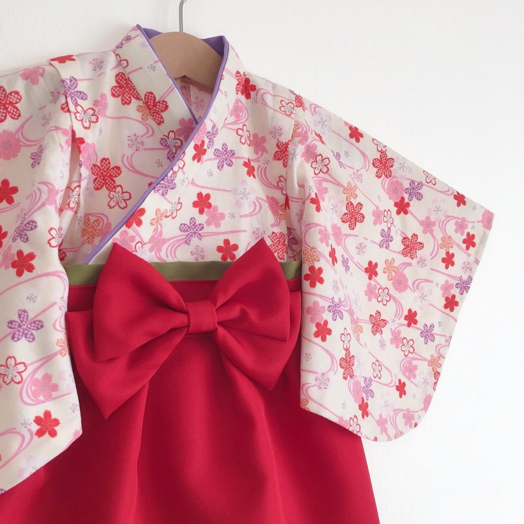 Hakama Dress 日本裤连衣裙-樱花-Red (女童/嬰兒/兒童) - 童装礼服/连衣裙 - 棉 红色