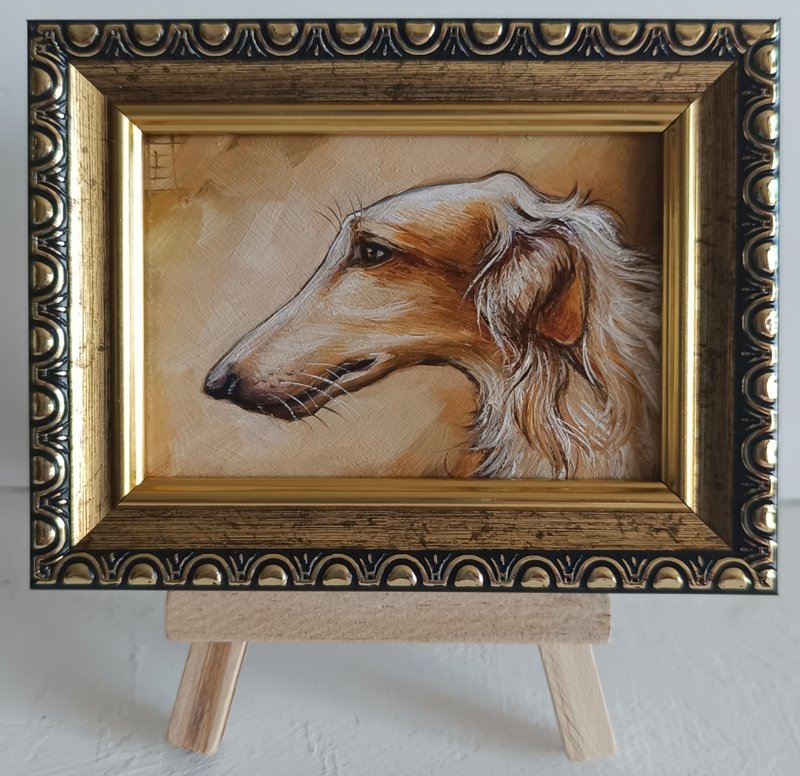 ACEO 俄罗斯猎狼犬肖像油画原画 狗狗艺术 2.5*3.5 英寸 - 墙贴/壁贴 - 其他金属 金色