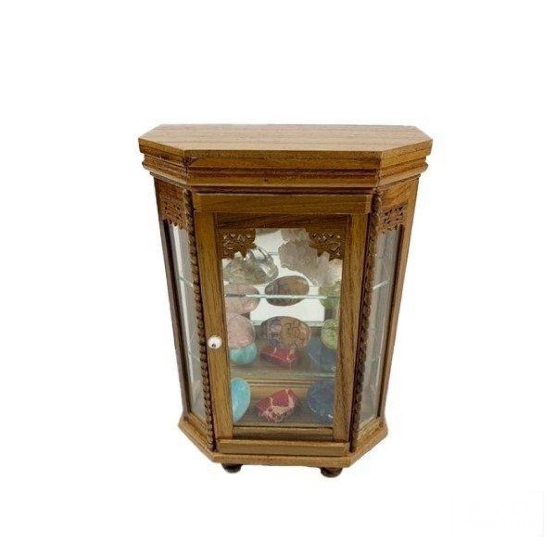 Miniature Showcase Back Glass Hexagon Round Foot Wooden Glass Case Collection - 收纳用品 - 木头 咖啡色
