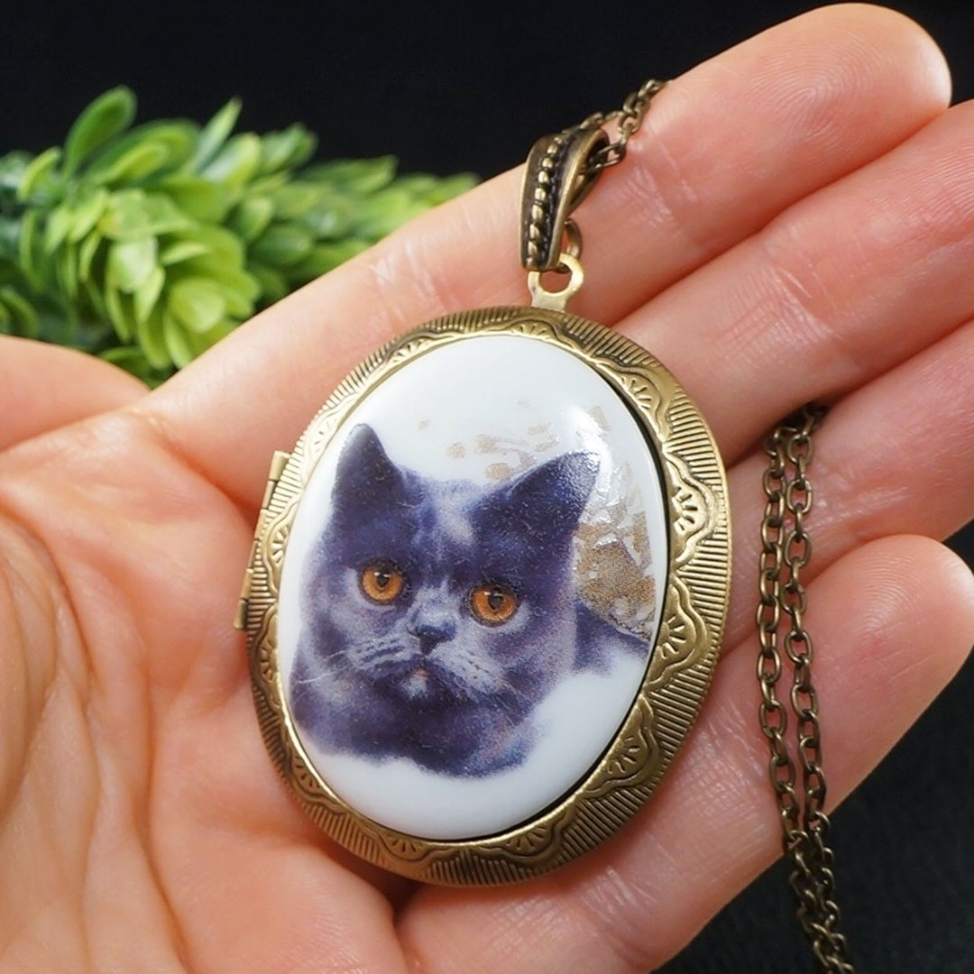 灰色英国短毛猫相片夹陶瓷印花坠饰项链 - 项链 - 瓷 灰色