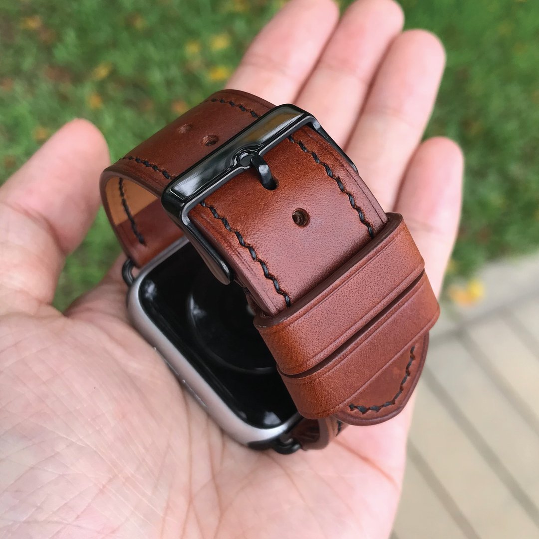【AppleWatch表带】啡色植鞣牛皮/法国防汗皮/厚芯款/轻巧款 - 表带 - 真皮 咖啡色