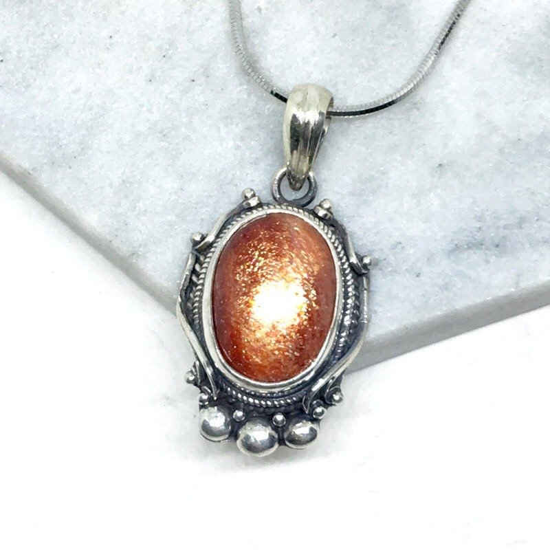 太阳石日光石925纯银魔镜风格项链 尼泊尔手工镶嵌制作 - 项链 - 宝石 橘色