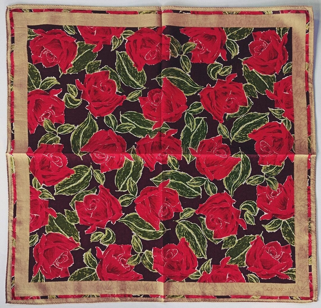 古董 Givenchy 缇花花卉手帕 – 红玫瑰图案 19 x 19 英寸 - 手帕/方巾 - 棉．麻 红色
