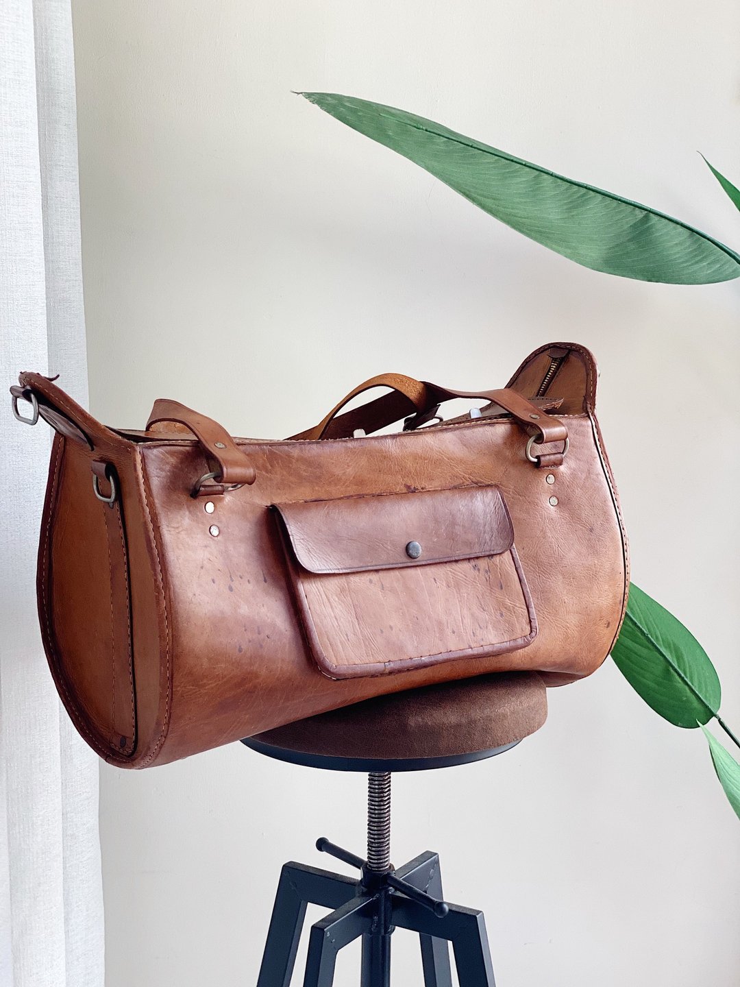 焦糖咖啡午日时光 古董硬挺厚磅牛质皮革旅行包 Vintage bag - 其他 - 真皮 咖啡色