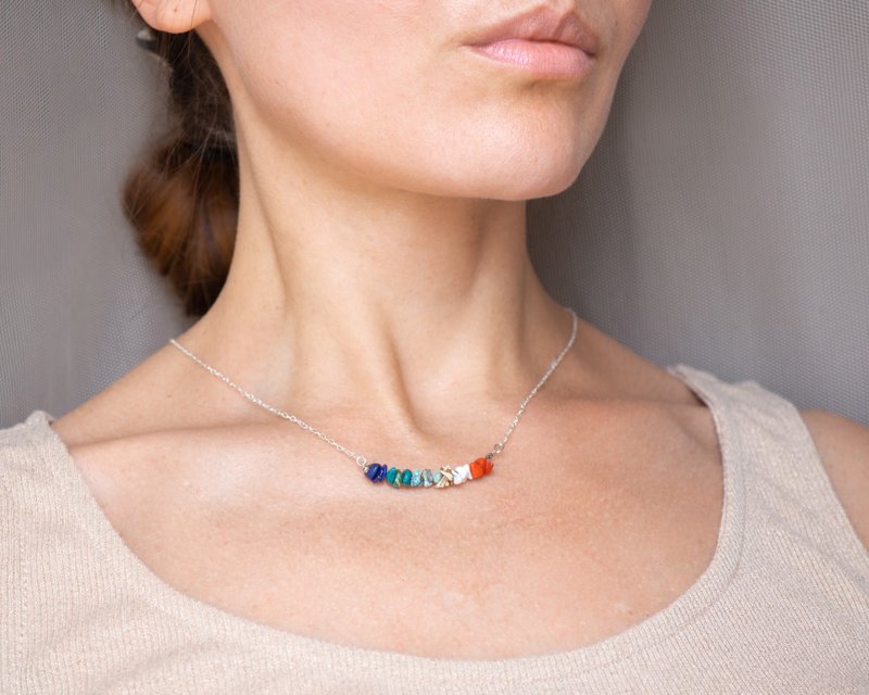 Summertime Crystals Necklace / bracelet, 925 Silver, Jasper, Coral, Chrysocolla - 项链 - 水晶 多色