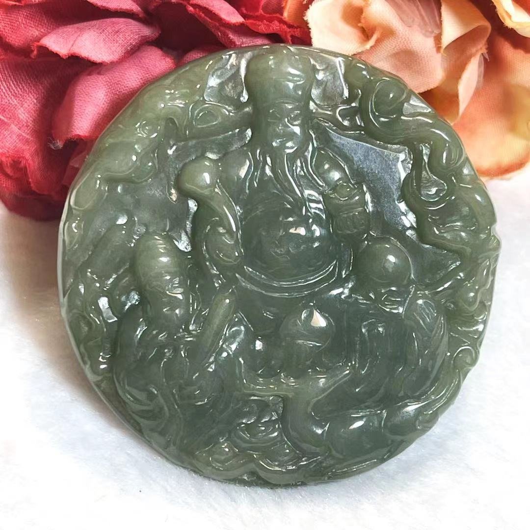 多宝晶石/天然翡翠A货三仙牌/油青/福禄寿/祝寿礼/财子寿/财神爷 - 项链 - 玉石 绿色