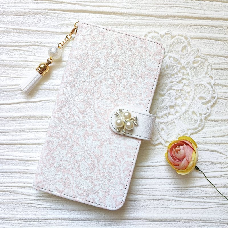 花边图案智能手机外壳笔记本型外壳 iPhone 12 iPhone XR iPhone 11 Xperia 10 IV Galaxy S23 Android - 手机壳/手机套 - 人造皮革 粉红色