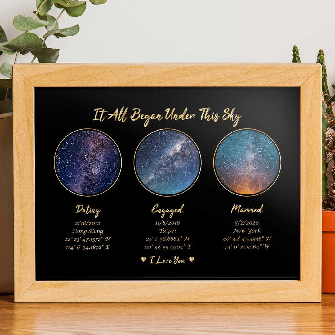 定制化真实当天夜晚的星座星空挂画A3木框黑底金字交往结婚纪念日 - 海报/装饰画/版画 - 木头 黑色