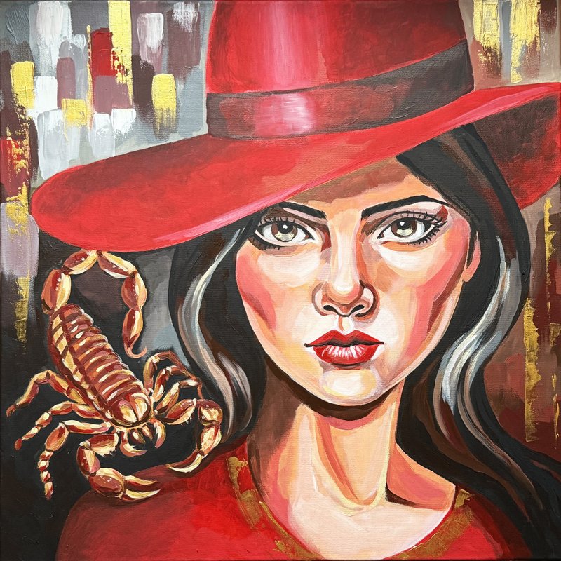 神秘天蝎女孩肖像画作压克力画布艺术红色星座 - 墙贴/壁贴 - 其他材质 红色