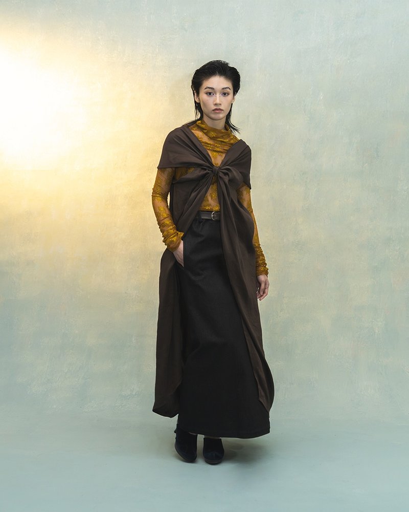 交叉互搭丝棉长上衣 - 女装上衣 - 棉．麻 咖啡色