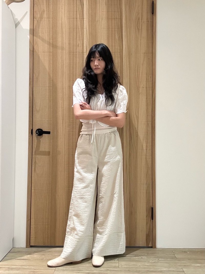 肌理匹克拼接宽裤 - 女装长裤 - 棉．麻 卡其色