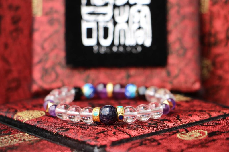 原矿白水晶手珠 8mm 蓝砂石 多切面黑曜石 紫水晶隔珠 手链 饰品 - 手链/手环 - 水晶 