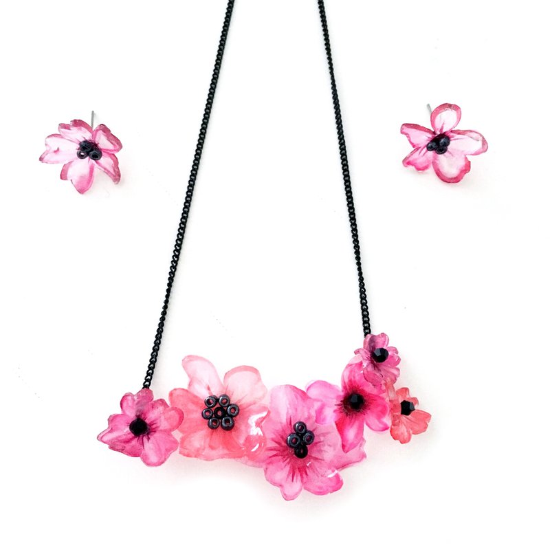 手工半透明树脂桃红色粉红色花花首饰套装项链耳环 - 项链 - 塑料 粉红色