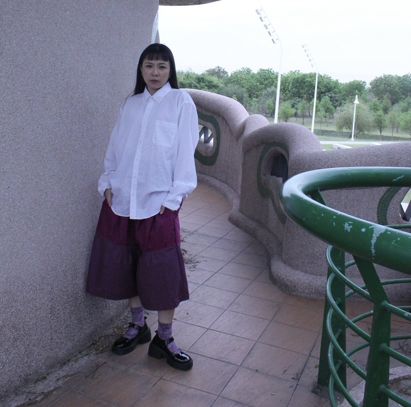 宽松八九分短裤 花街双色拼接 - 女装长裤 - 棉．麻 紫色