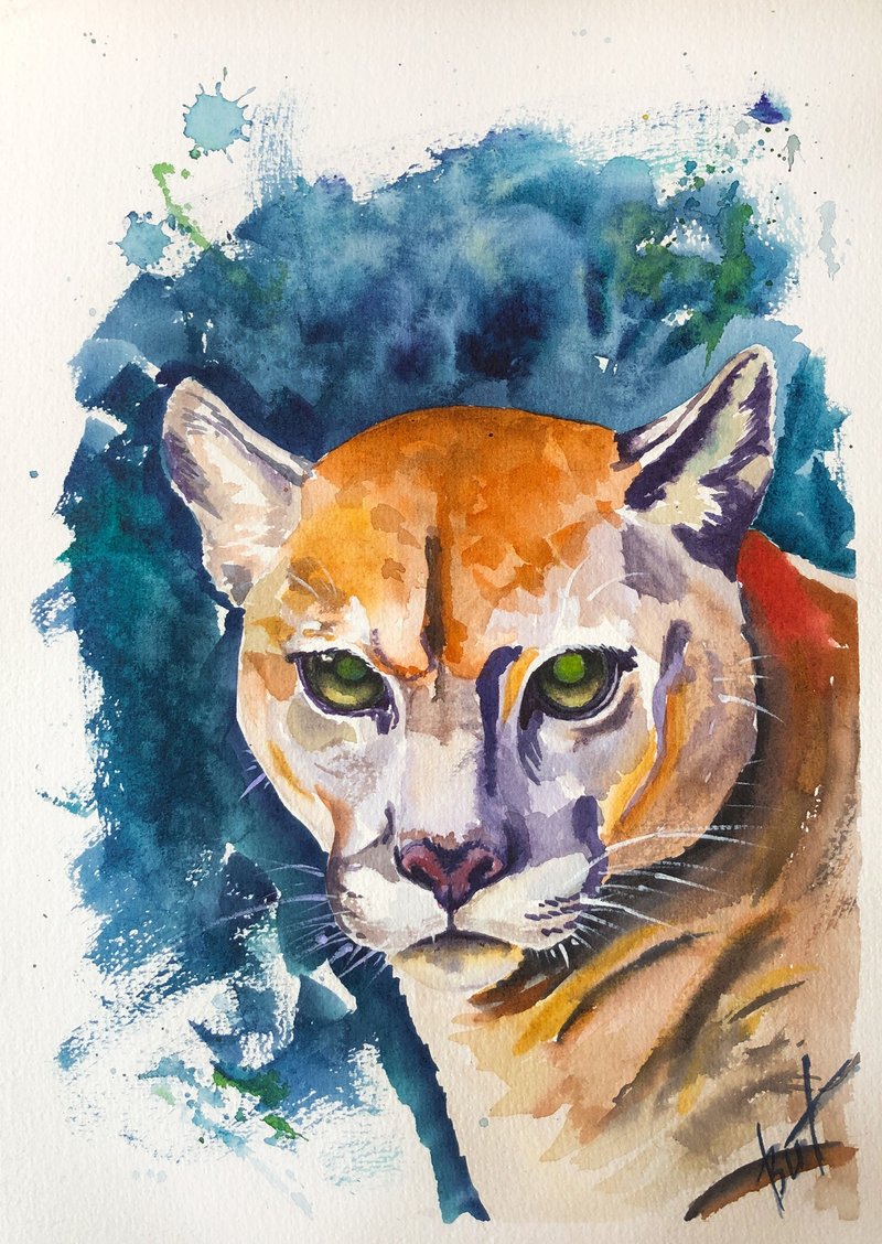 Mountain Lion Painting Animal Original Artwork Wild Cat Watercolor Pet Portrait - 海报/装饰画/版画 - 纸 咖啡色