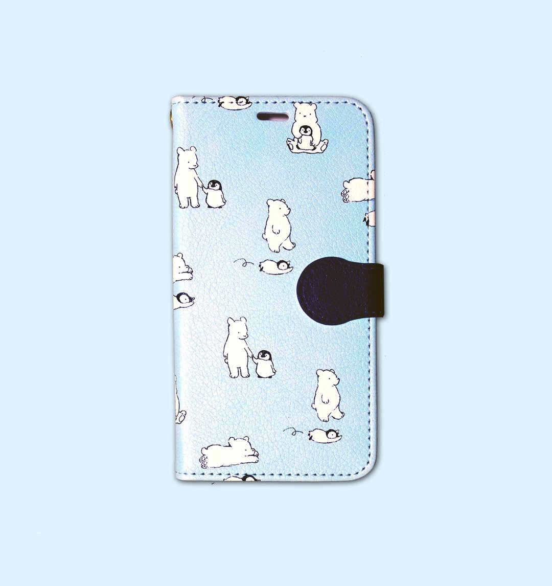 Polar bear and child penguins notebook type smartphone case - 手机壳/手机套 - 人造皮革 白色