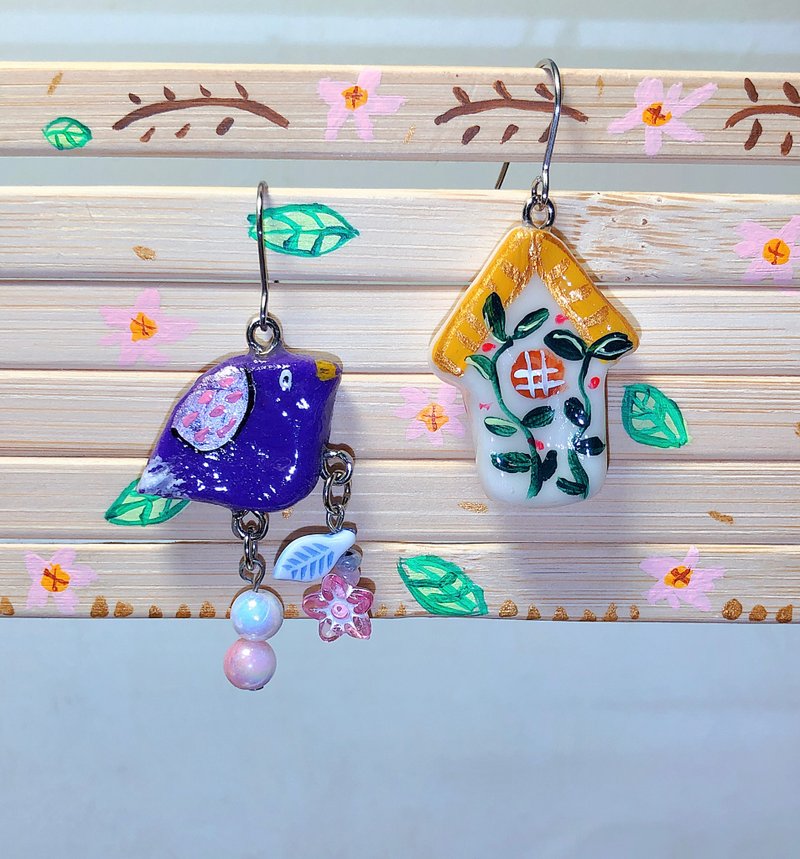 小鸟房屋 手作黏土耳环 手绘捏制 不锈钢 吊坠款 - 耳环/耳夹 - 粘土 紫色