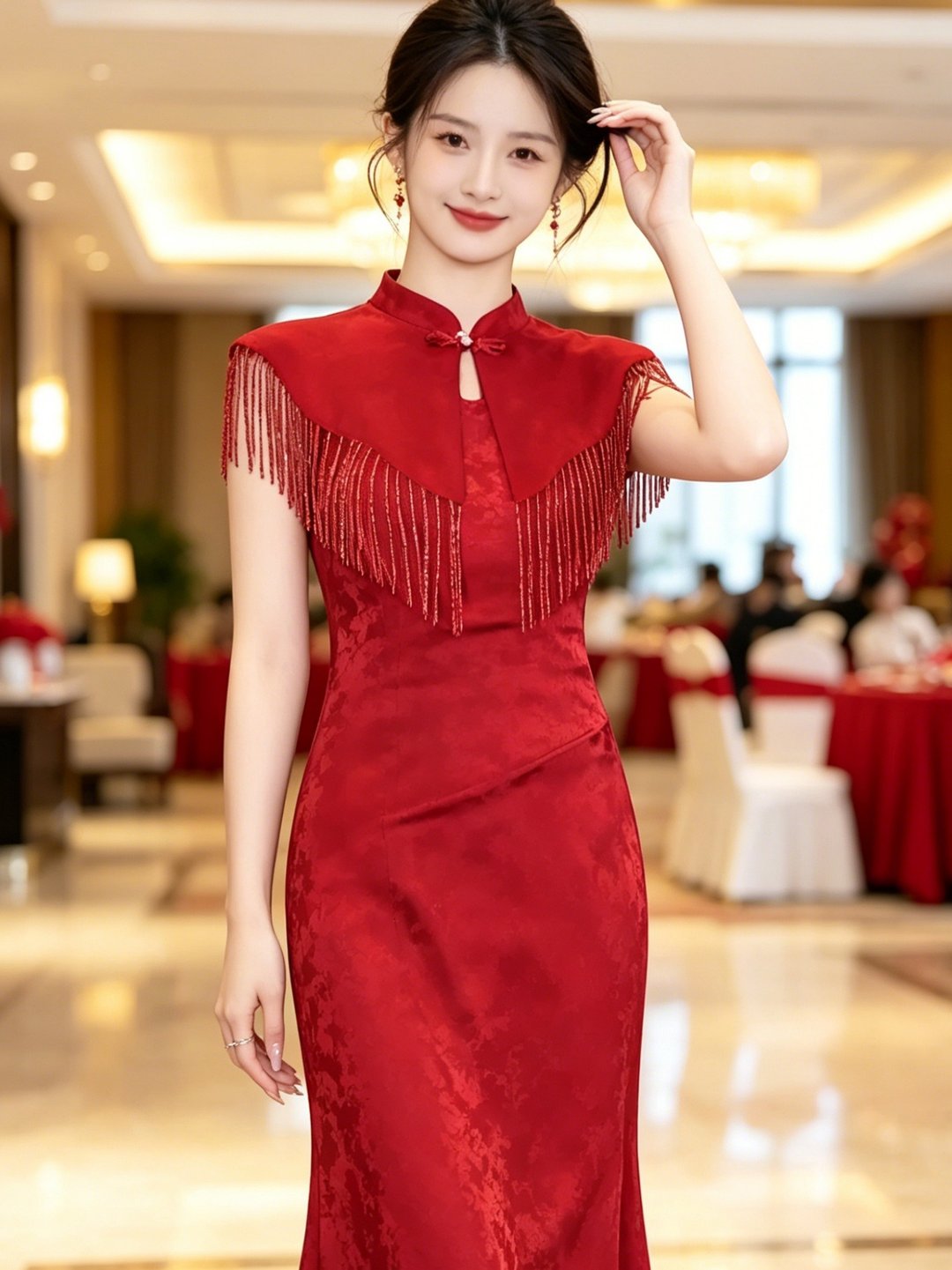 新中式紅色高端大氣流蘇旗袍 披肩式敬酒服 新娘結婚禮服洋裝 - 旗袍 - 聚酯纤维 红色
