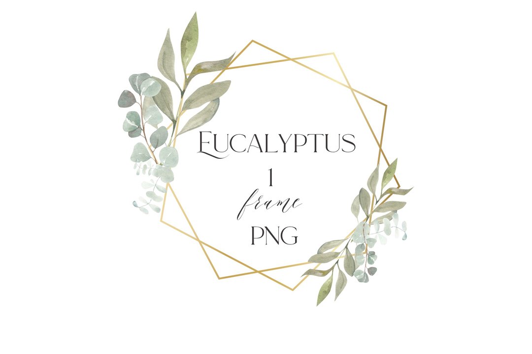 Watercolor eucalyptus frame, gold polygonal frame for design - 插画/绘画/写字 - 其他材质 