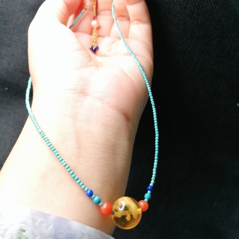 金银财宝Jinyincaibao 收藏级天然琥珀金绞蜜蜡极细致绿松项链 - 项链 - 宝石 