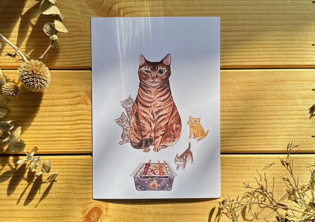 猫明信片 一起吃烧肉 - 卡片/明信片 - 纸 白色