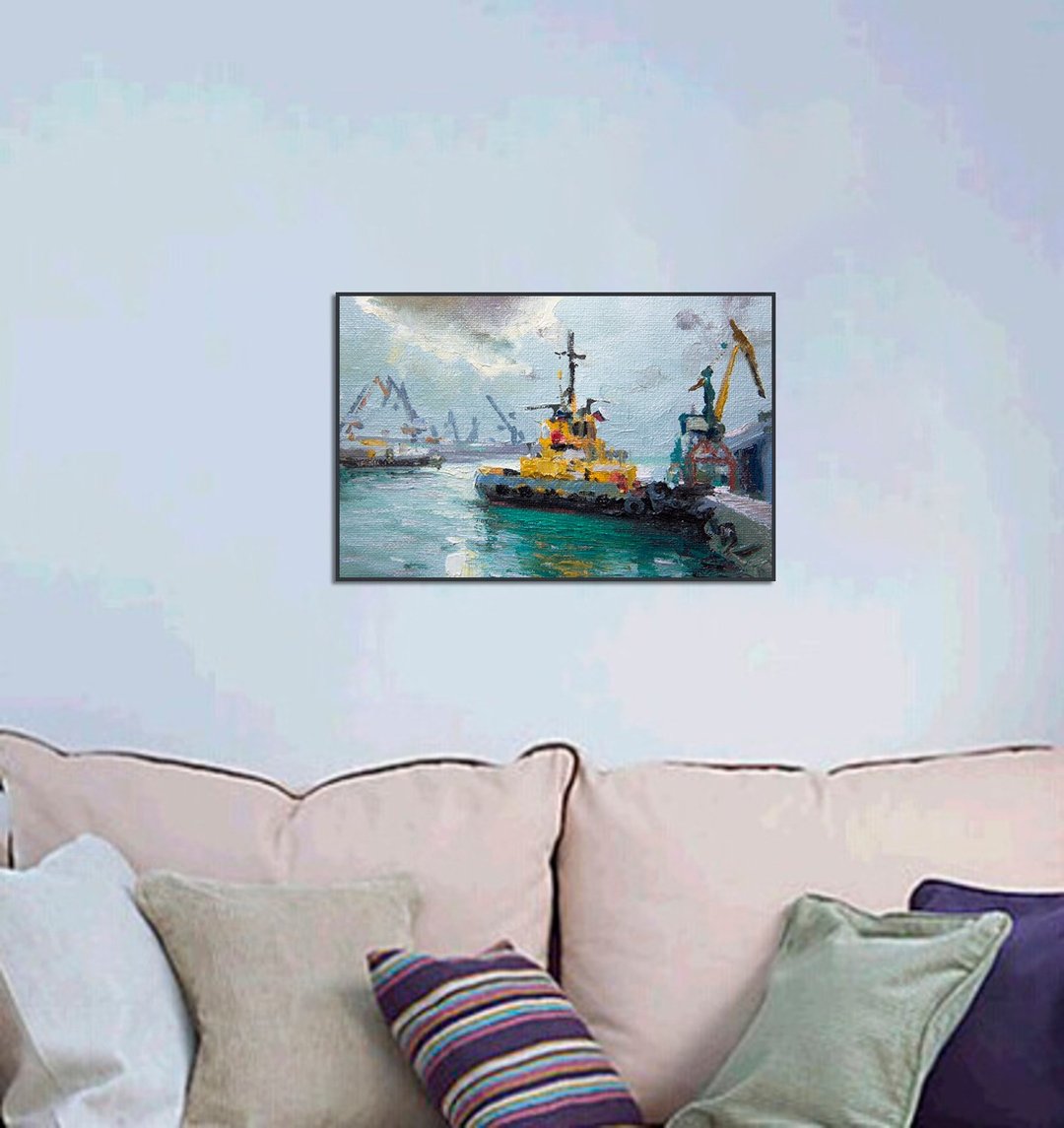 Port Ship Seascape Abstract Original Oil Painting Modern Wall Art Home Decor - 海报/装饰画/版画 - 其他材质 蓝色