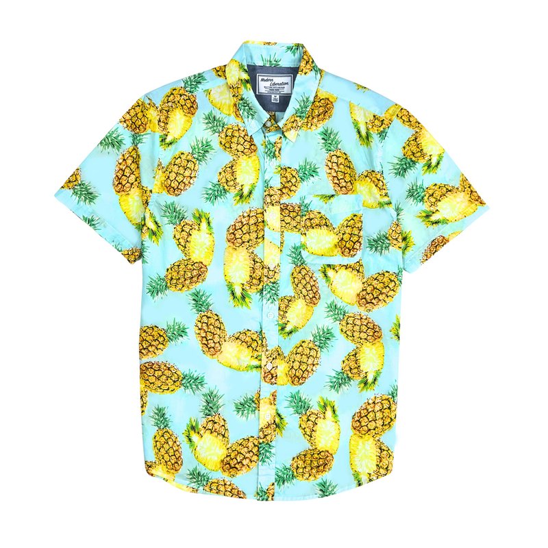 Men's Pineapple Print Shirt 凤梨印花衬衫 - 男装衬衫 - 棉．麻 蓝色