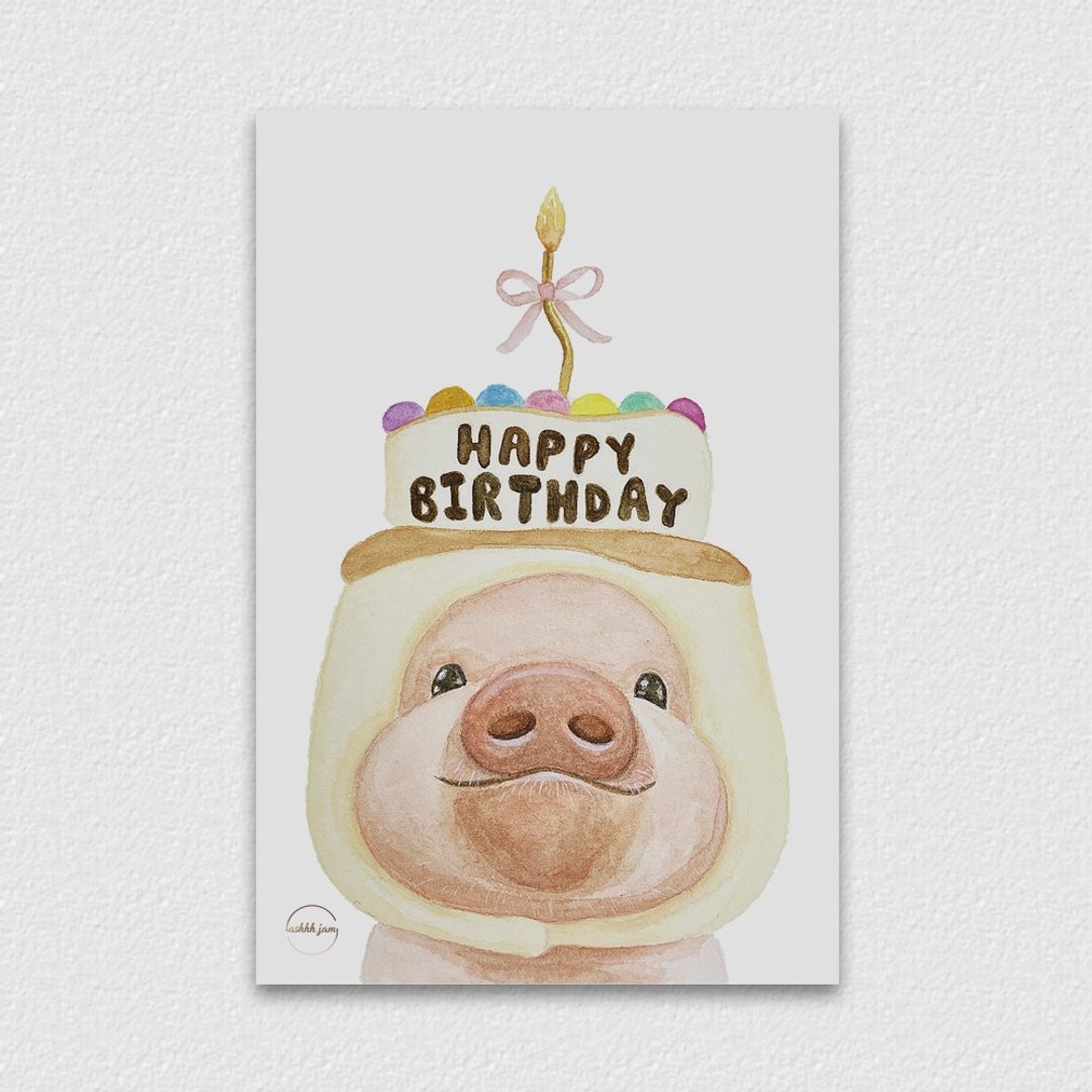水彩插画动物明信片 - 生日猪 手绘 水彩 插画 - 卡片/明信片 - 纸 粉红色