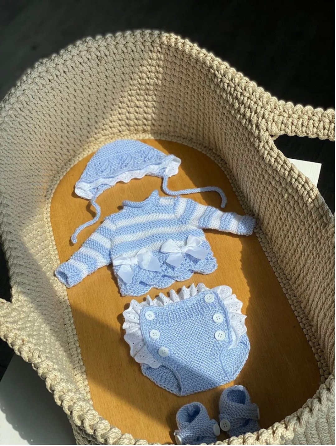Hand knit blue and white sweater, panties, hat and socks for baby boy. - 包屁衣/连体衣 - 其他材质 蓝色