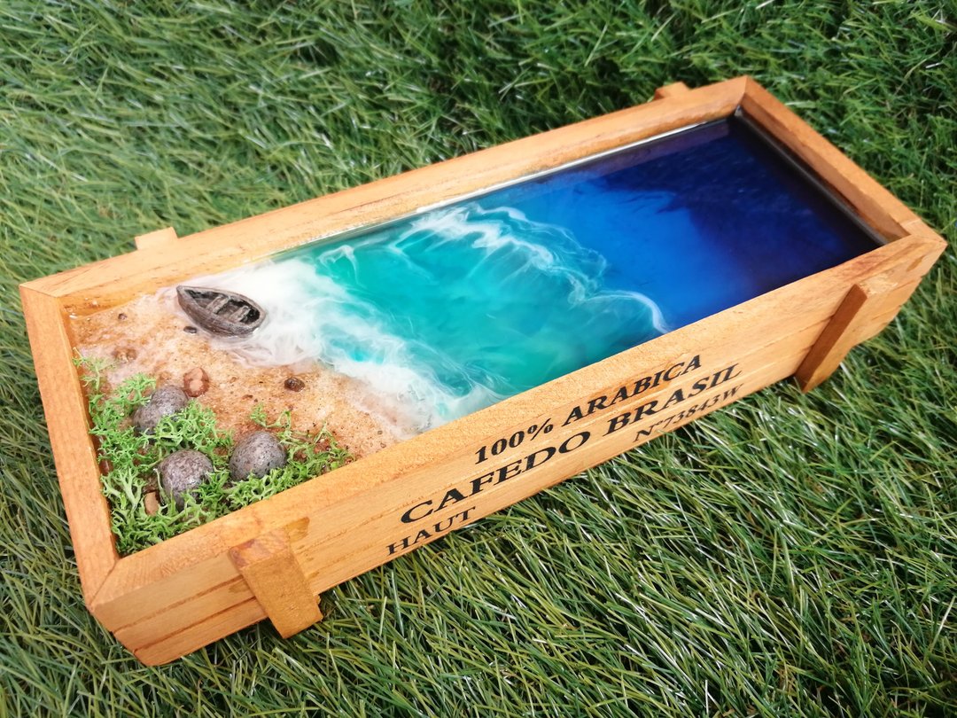 Resin ocean artwork, 3D resin sea painting, Ocean waves art in beach miniature - 摆饰 - 树脂 蓝色
